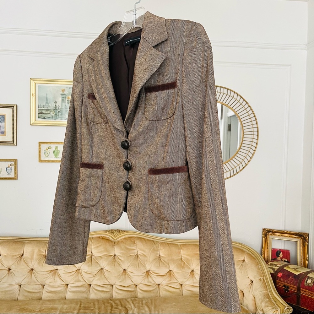 NEW Banana Republic Y2K Vintage Herringbone Wool Blend Elbow Patch Blazer Sz 0